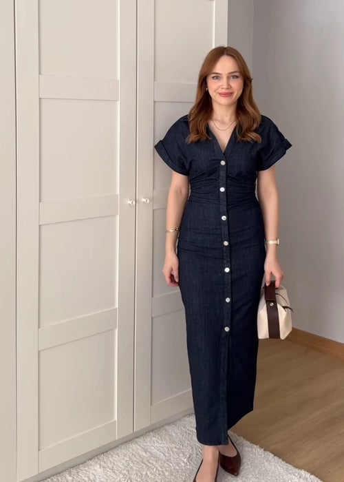 2025 Wansici Spring 1975 Denim Midi Dress - Lapel, Side Zip, Wrinkle Waist, Slim & Elegant