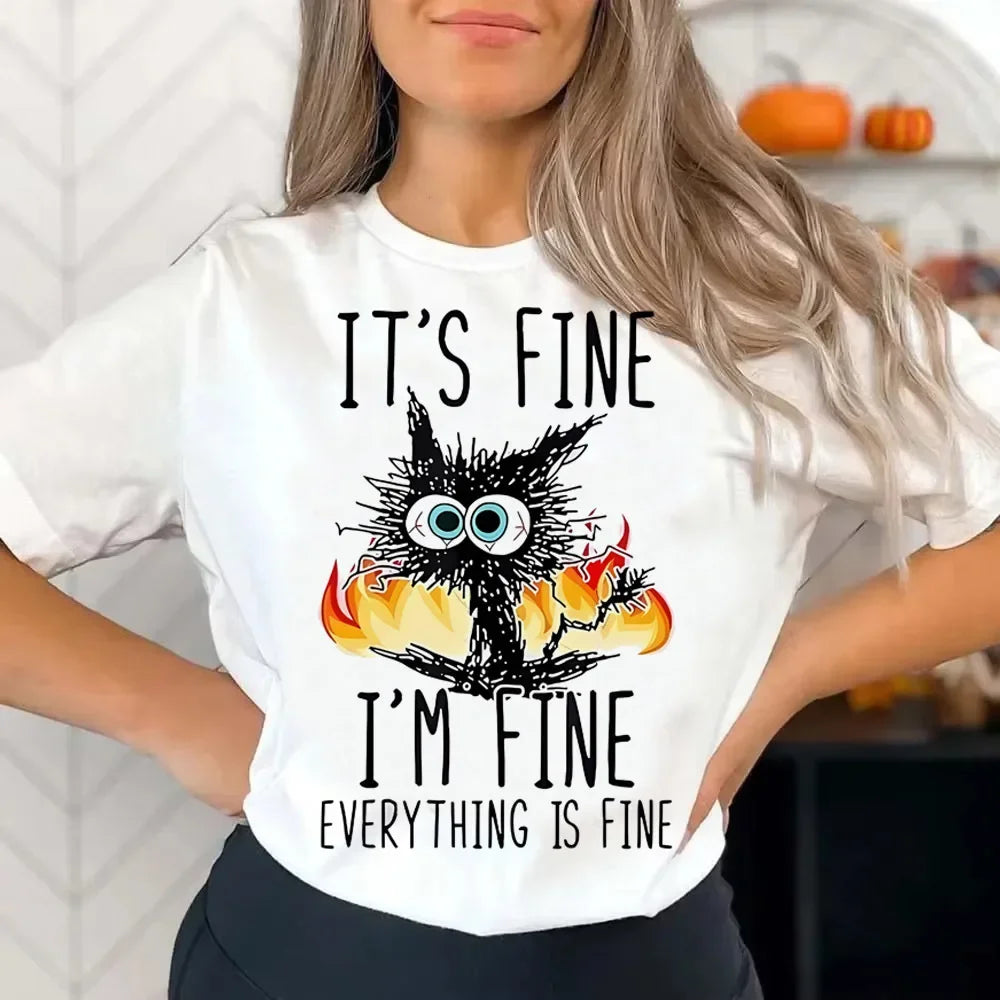 Funny Cat Graphic T-Shirt – Vintage Y2K Korean Aesthetic, Colorful Grunge Tee for Teens