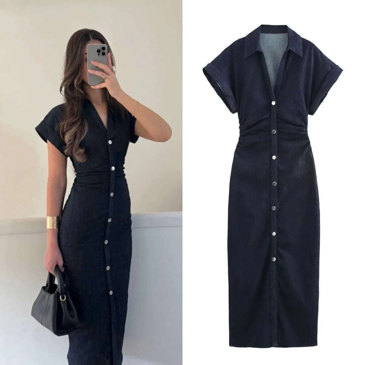2025 Wansici Spring 1975 Denim Midi Dress - Lapel, Side Zip, Wrinkle Waist, Slim & Elegant