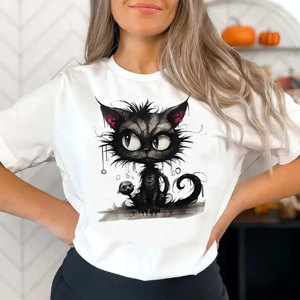 Funny Cat Graphic T-Shirt – Vintage Y2K Korean Aesthetic, Colorful Grunge Tee for Teens