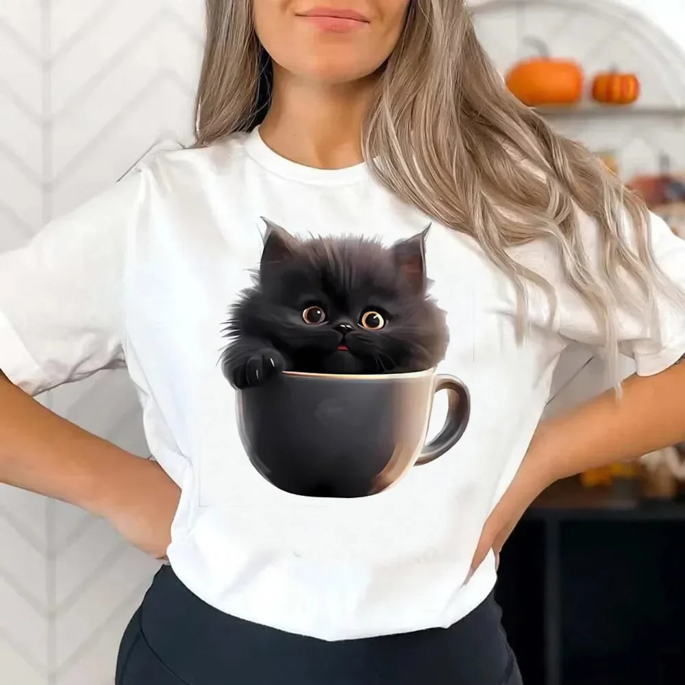 Funny Cat Graphic T-Shirt – Vintage Y2K Korean Aesthetic, Colorful Grunge Tee for Teens