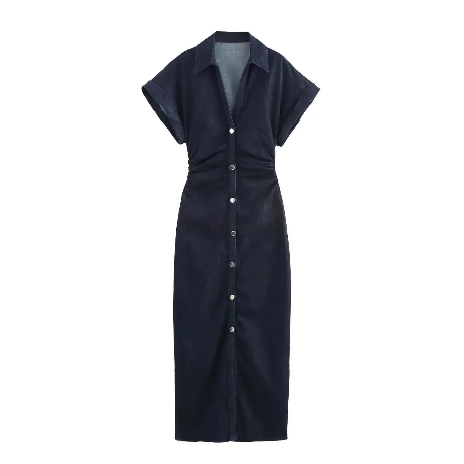 2025 Wansici Spring 1975 Denim Midi Dress - Lapel, Side Zip, Wrinkle Waist, Slim & Elegant