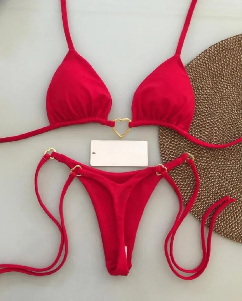 Sexy Halter Bikini Set – Solid Color, Triangle Thong Brazilian Swimsuit, Two-Piece Swimwear