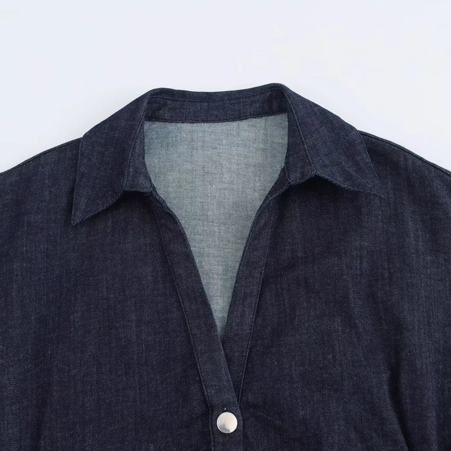 2025 Wansici Spring 1975 Denim Midi Dress - Lapel, Side Zip, Wrinkle Waist, Slim & Elegant