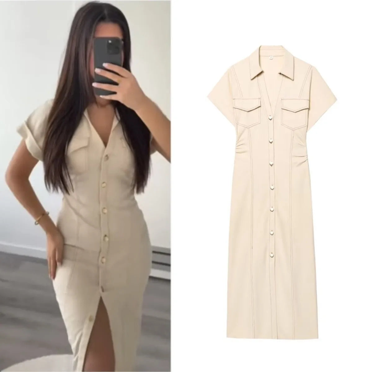 2025 Wansici Spring 1975 Denim Midi Dress - Lapel, Side Zip, Wrinkle Waist, Slim & Elegant