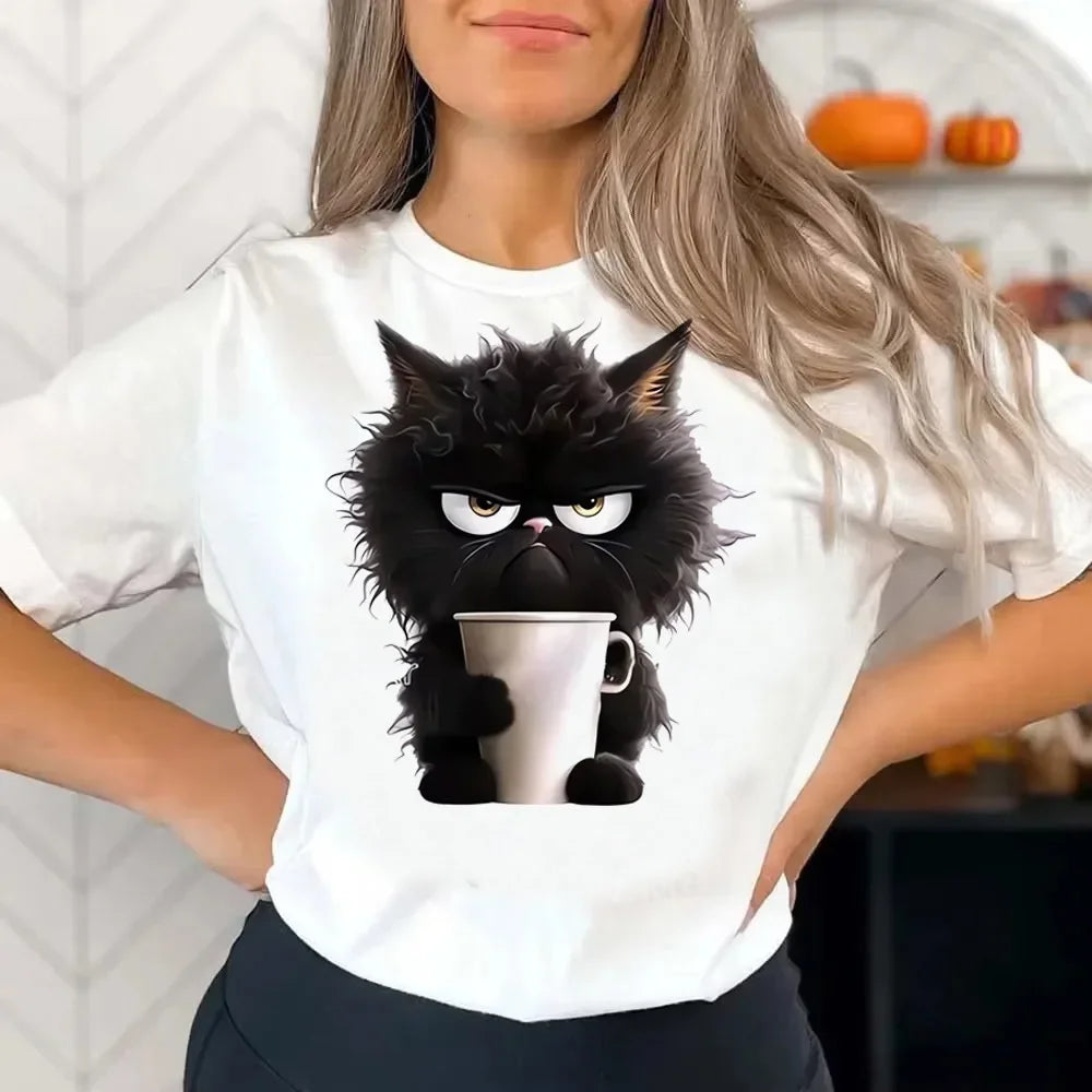 Funny Cat Graphic T-Shirt – Vintage Y2K Korean Aesthetic, Colorful Grunge Tee for Teens