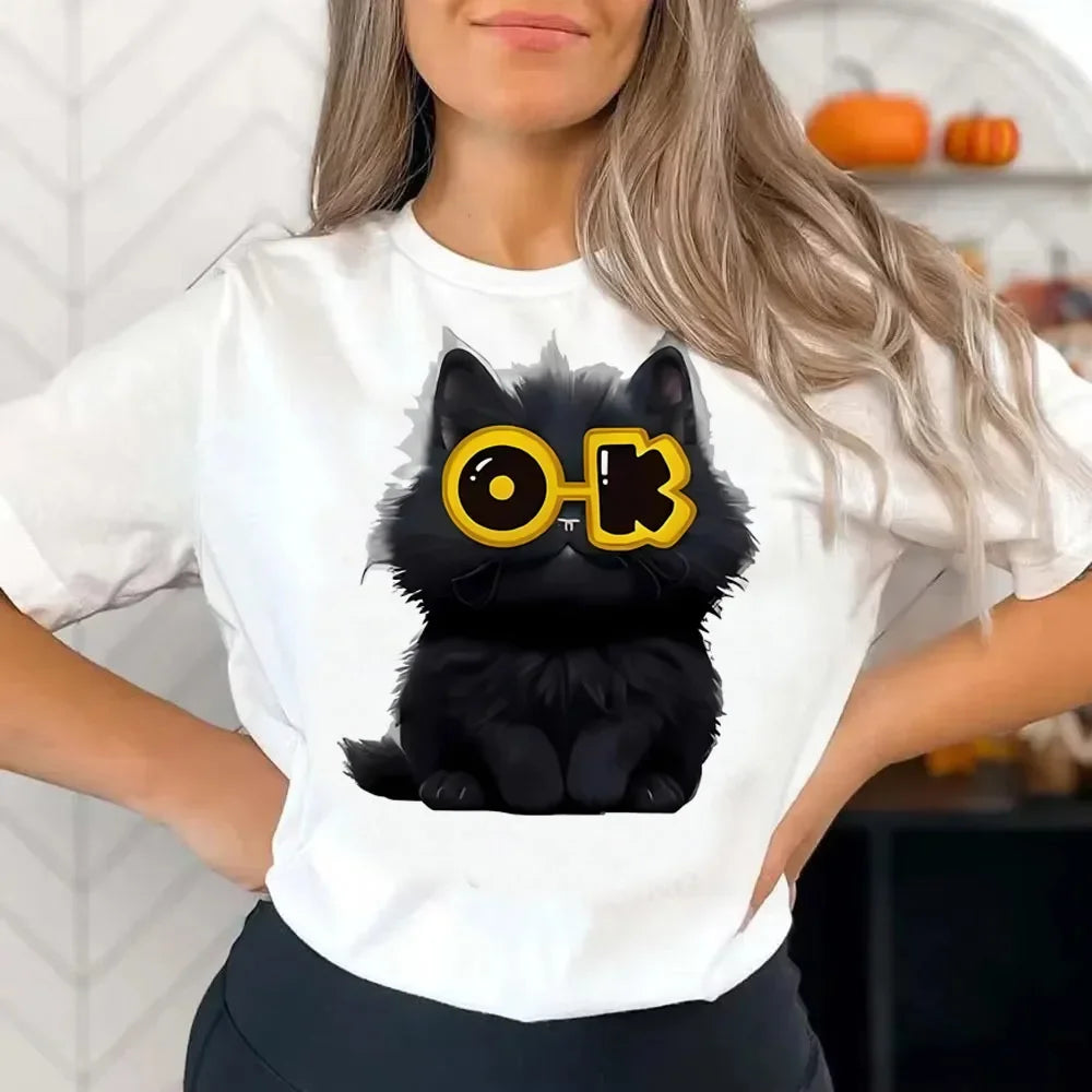 Funny Cat Graphic T-Shirt – Vintage Y2K Korean Aesthetic, Colorful Grunge Tee for Teens