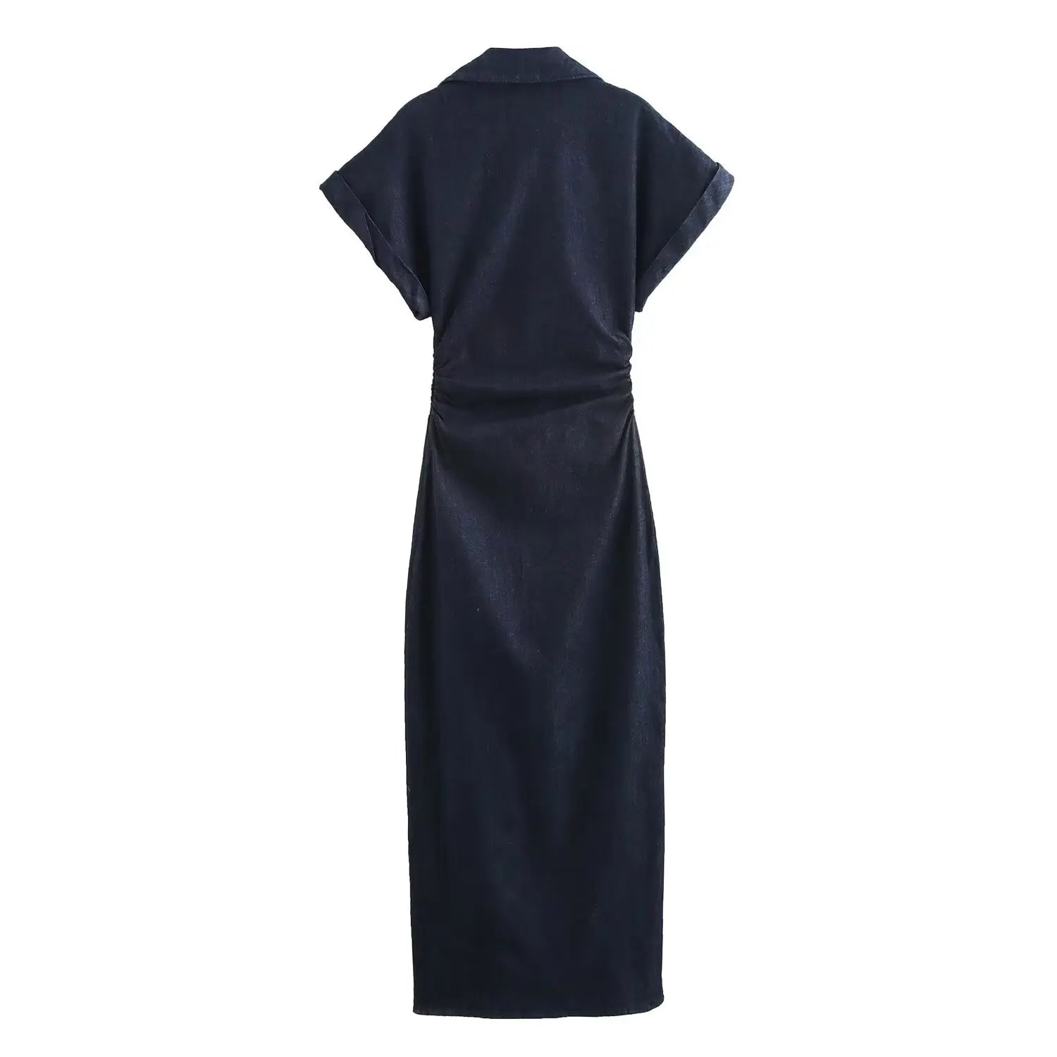 2025 Wansici Spring 1975 Denim Midi Dress - Lapel, Side Zip, Wrinkle Waist, Slim & Elegant