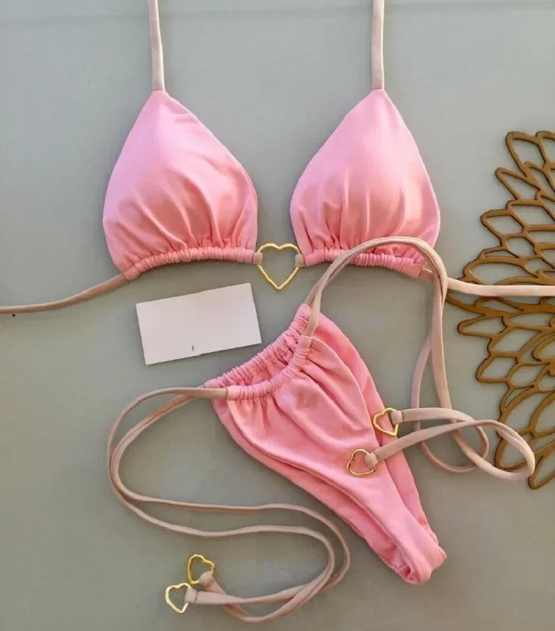 Sexy Halter Bikini Set – Solid Color, Triangle Thong Brazilian Swimsuit, Two-Piece Swimwear